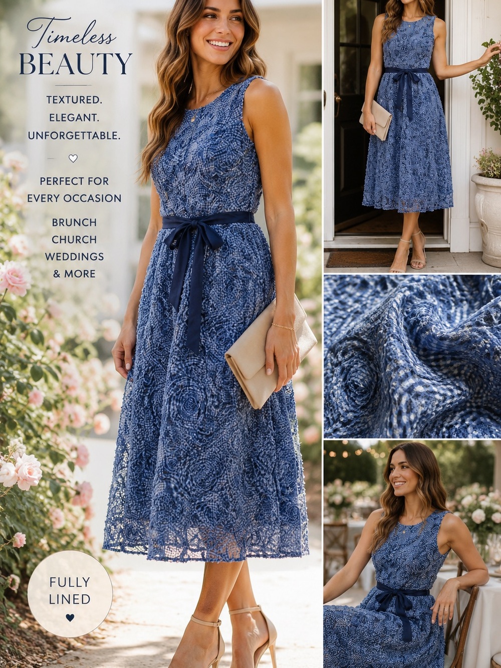 Just Me Navy Blue Lace Midi Dress with Satin Waist Tie